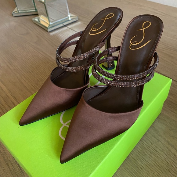 Sam Edelman Agustina Chocolate Satin Slip On Jeweled Mules 8.5 fits size 8 New - Picture 3 of 12